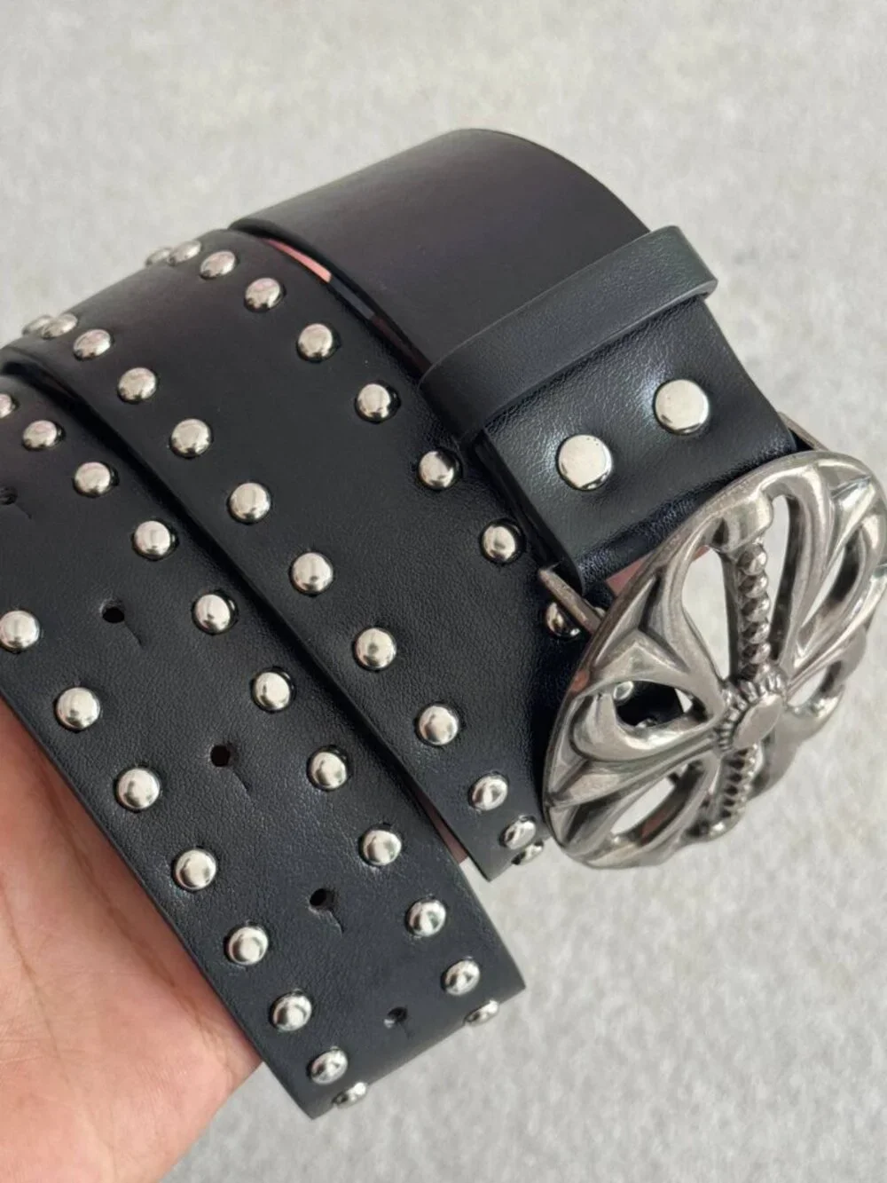 Black Studded Wide Belt with Ornate Silver Tone Buckle